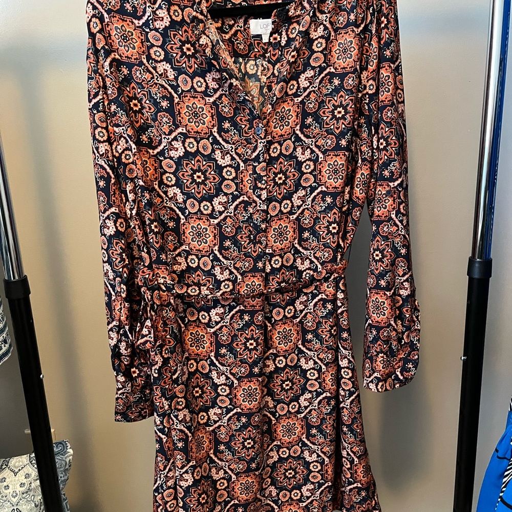 LOFT Navy and Orange Abstract Floral Shift Dress
